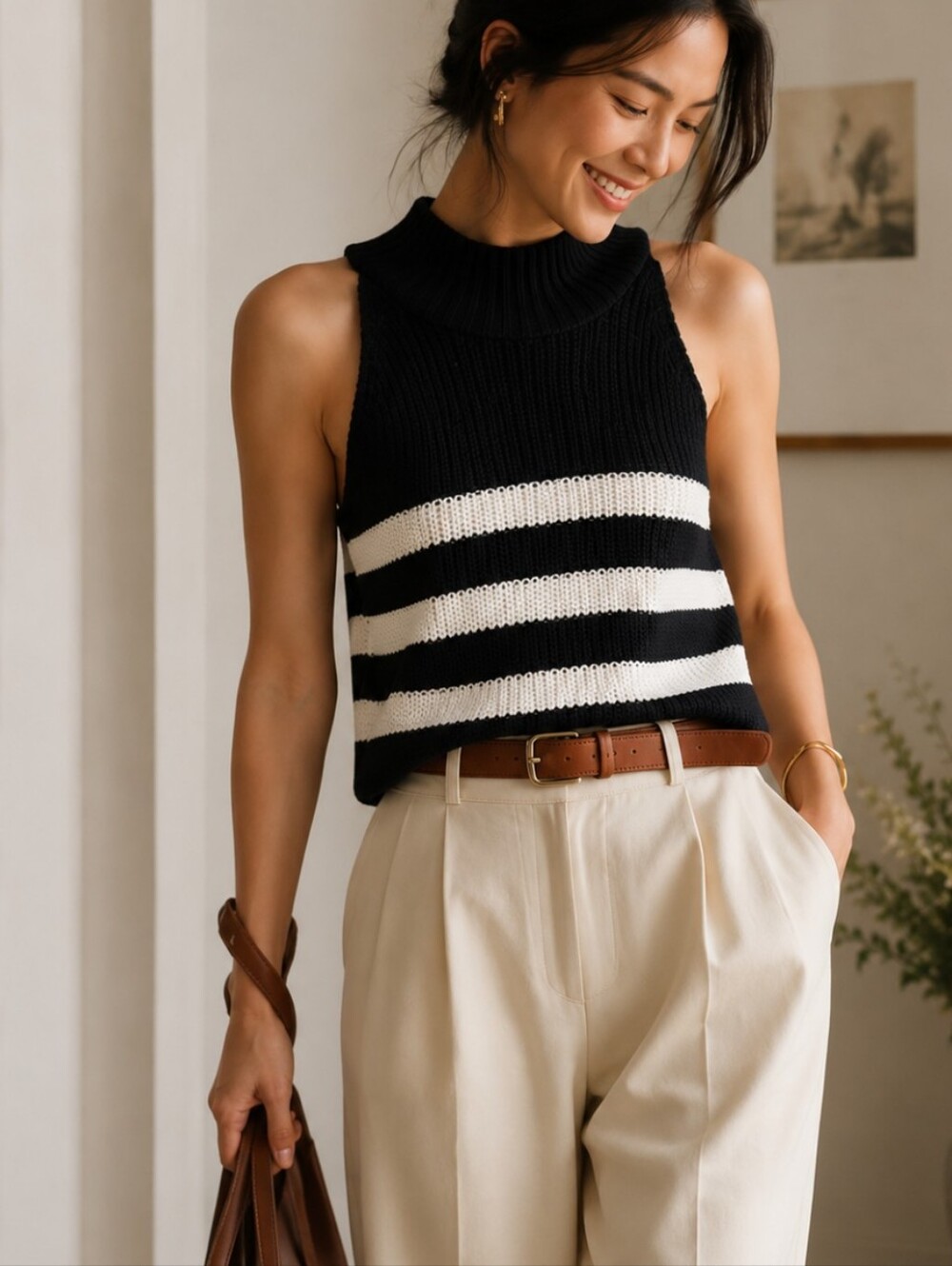 NWT! Anthropologie Pilcro Striped Knit Mock Neck Swing Sweater Tank Navy L